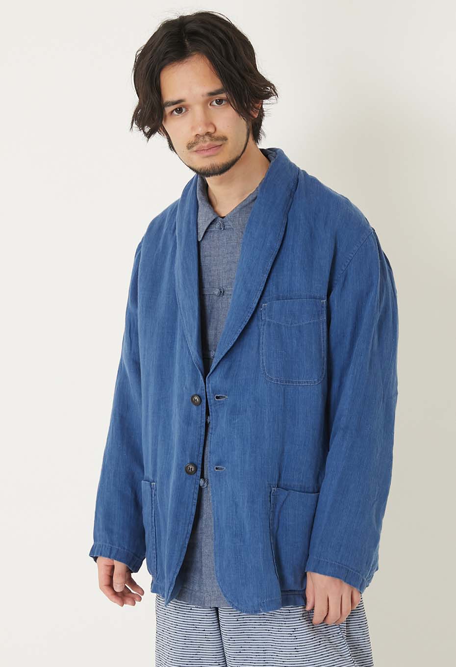 インディゴリネン ハイカウントツイル スモーキングジャケット - INDIGO