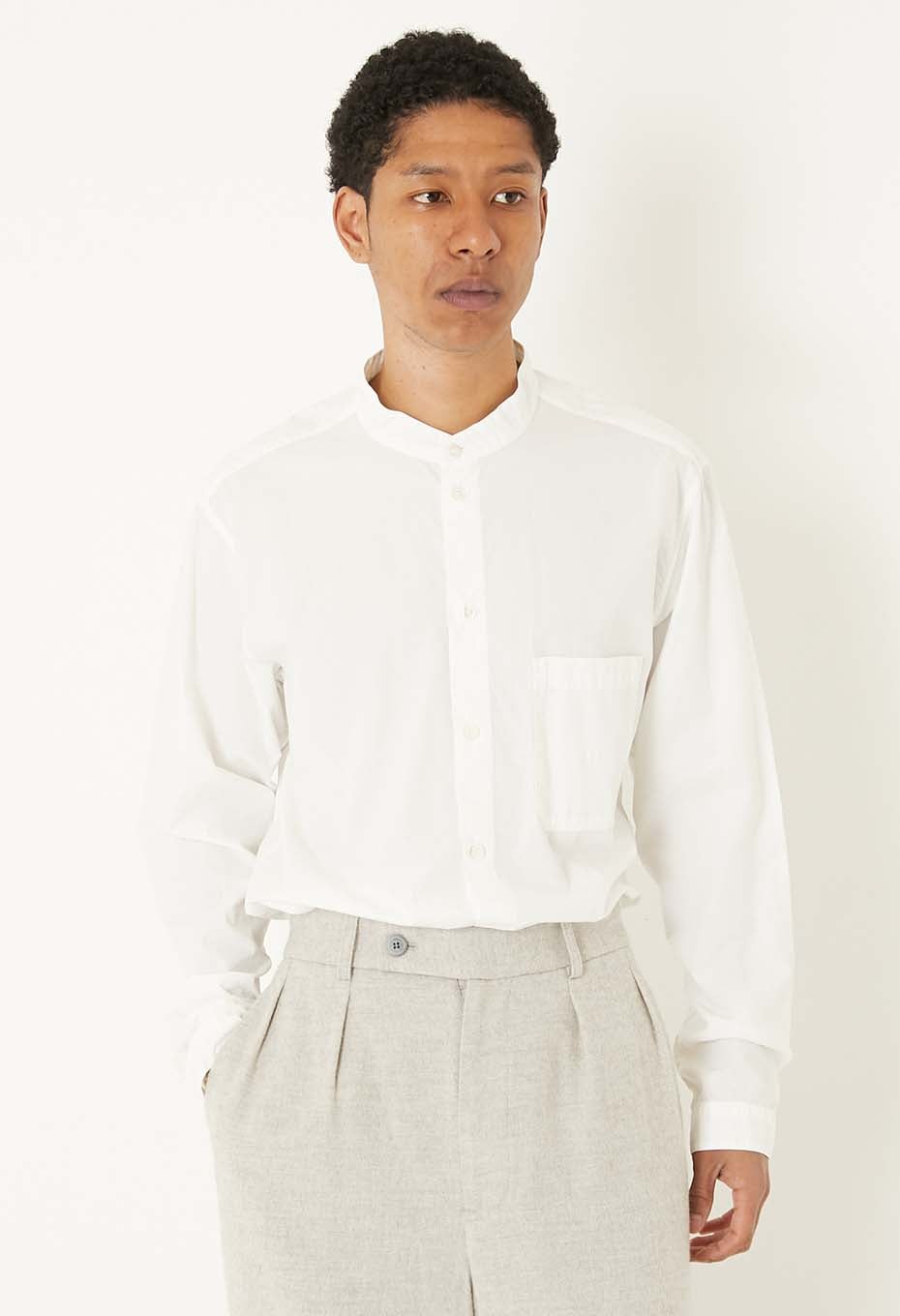オーガニックブロード スタンドカラーロングスリーブシャツ - WHITE