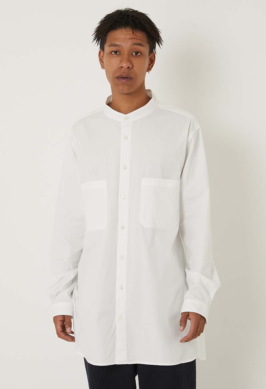 コットンピンオックス バンドカラー ロングシャツ - WHITE