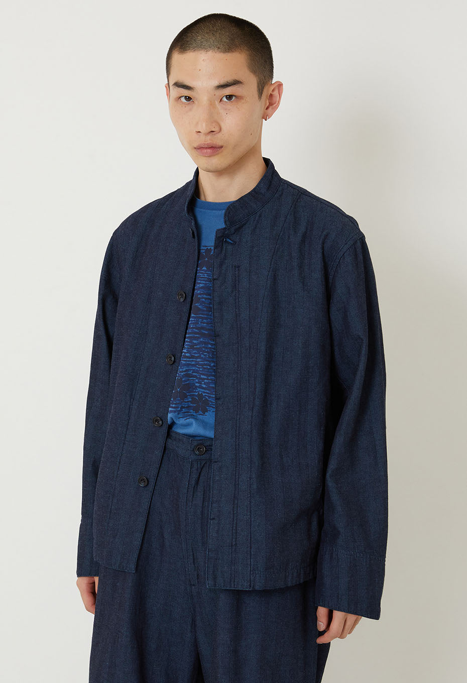 Indigo mix herringbone stand collar jacket - INDIGO