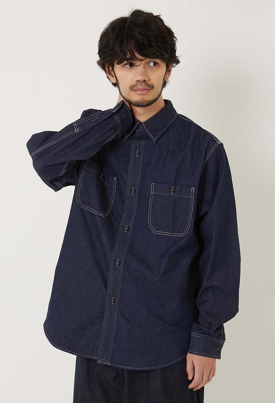 ジャカード シャツデニム 2ポケットワークシャツ - INDIGO