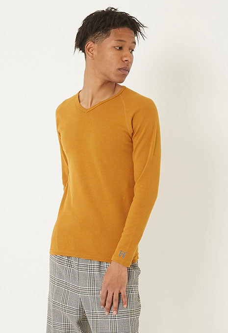 ストレッチフライス Vネックロングスリーブ Tシャツ - CAMEL
