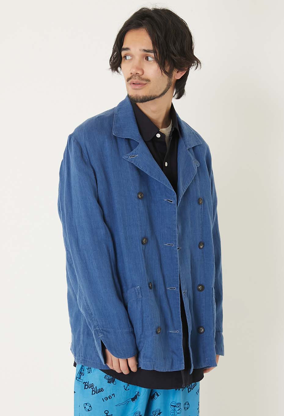 インディゴリネン ハイカウントツイル ダブルブレストワークジャケット - INDIGO
