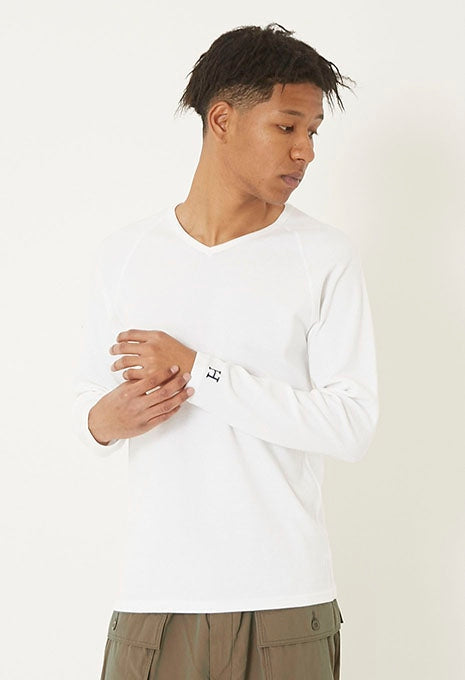 ストレッチフライス Vネックロングスリーブ Tシャツ - WHITE