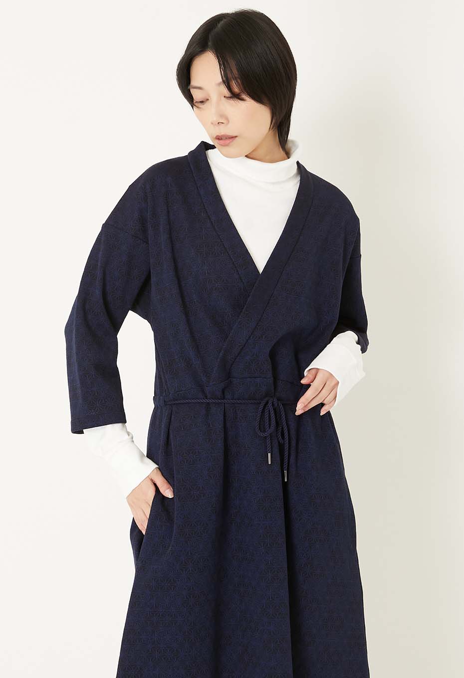 ウールニットジャカード ワンピース - NAVY