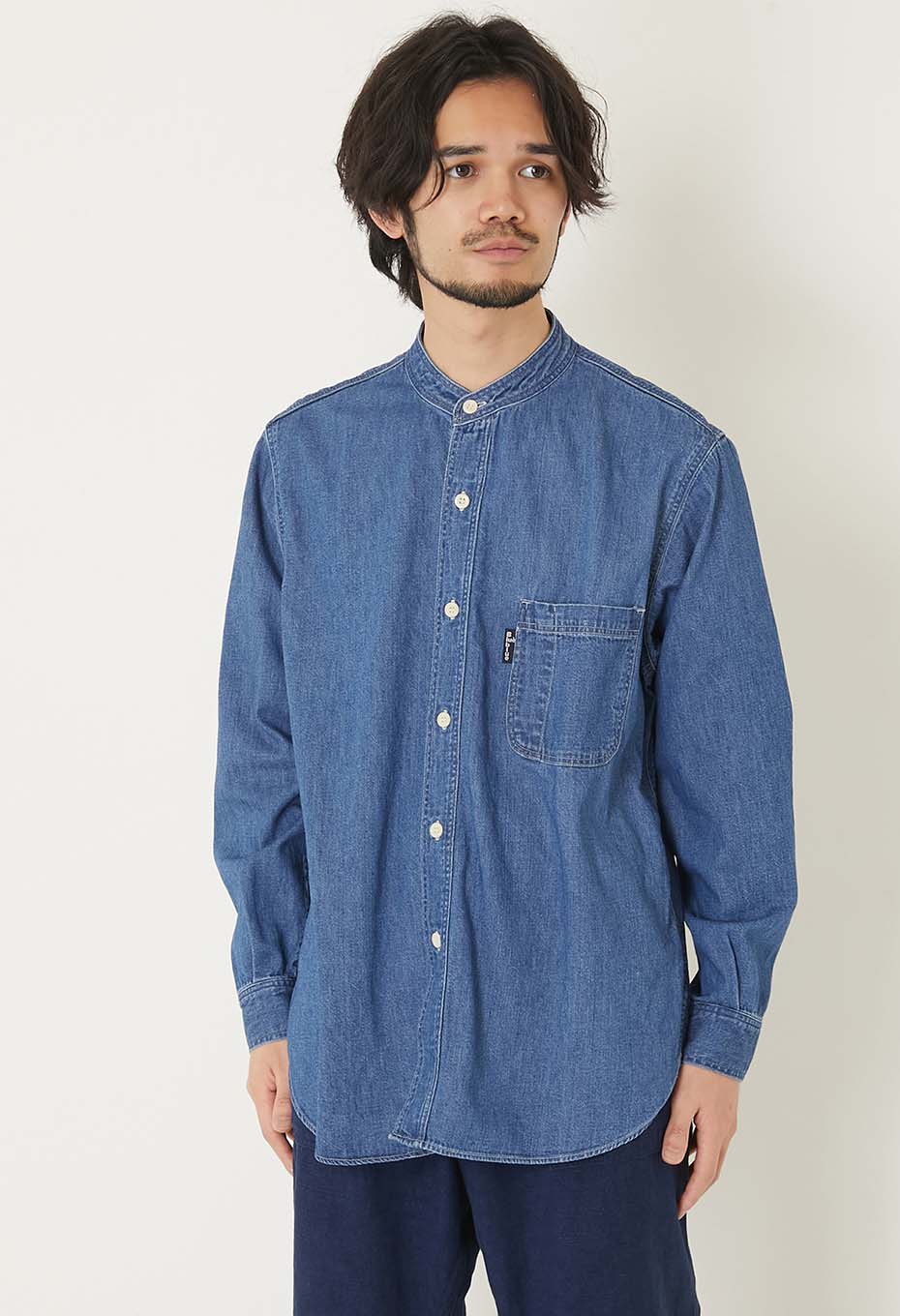 Denim stand collar work shirt - BLUE