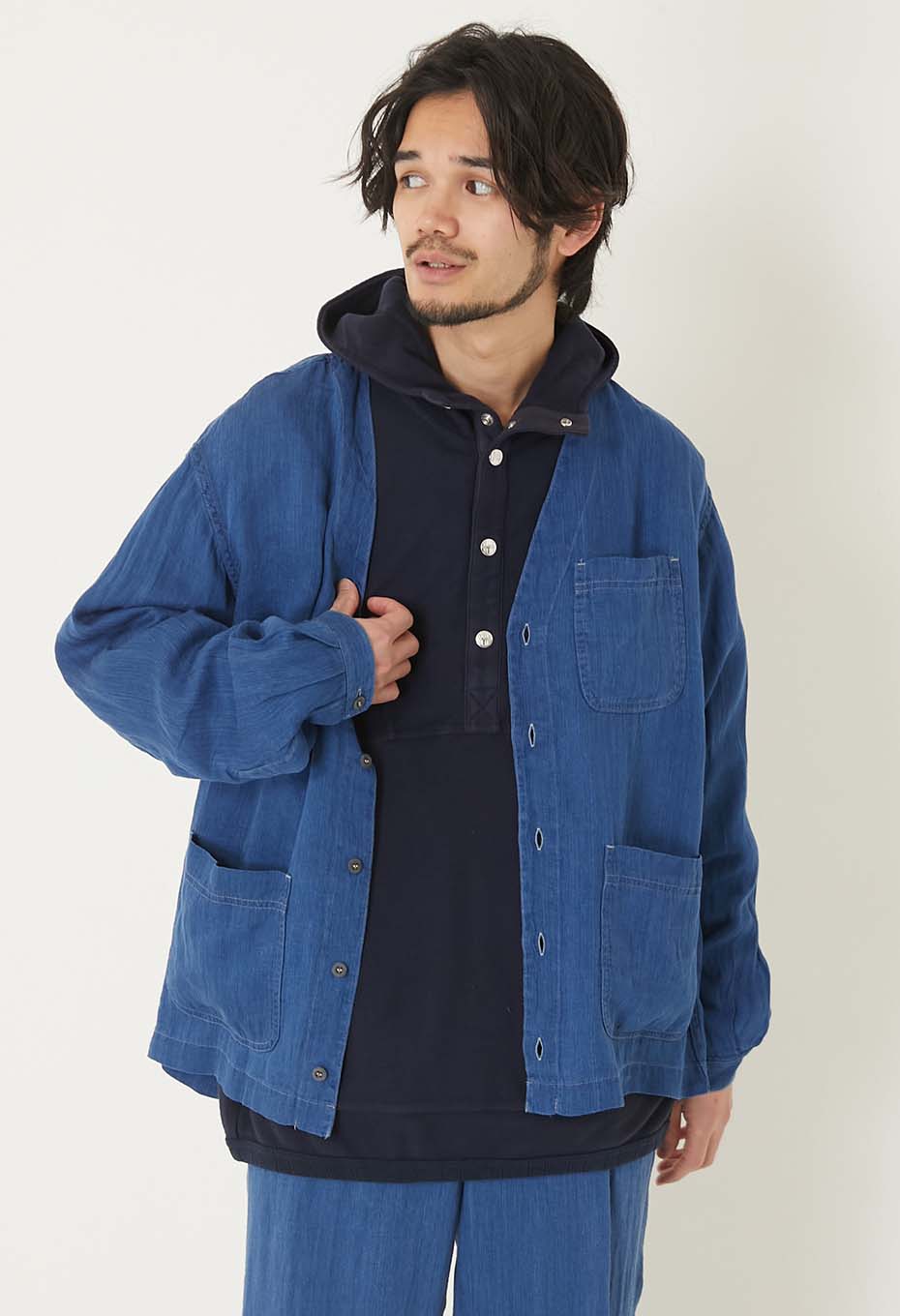 インディゴリネン ハイカウントツイル シャツカーディガン - INDIGO