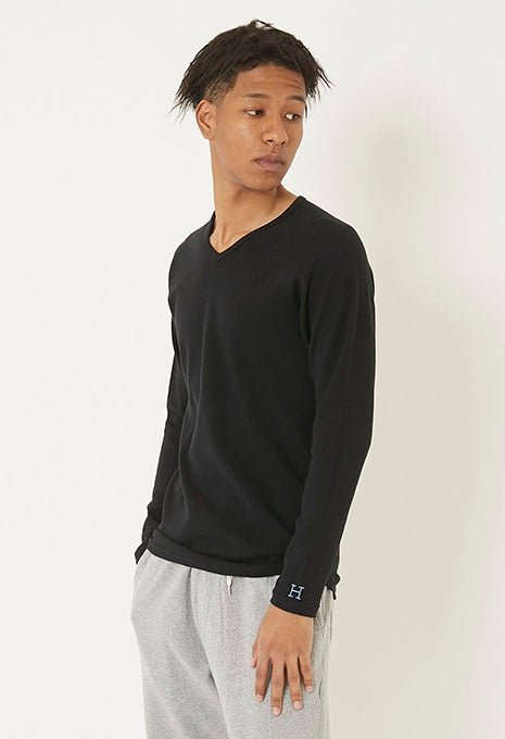 ストレッチフライス Vネックロングスリーブ Tシャツ - BLACK