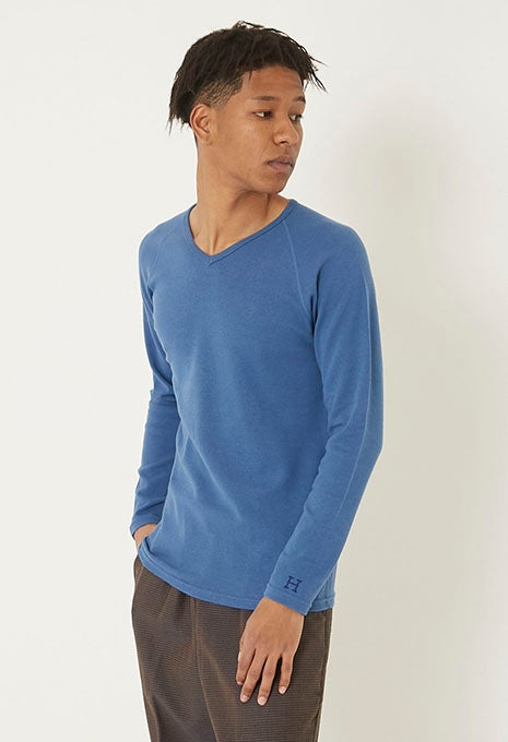 ストレッチフライス Vネックロングスリーブ Tシャツ - BLUE