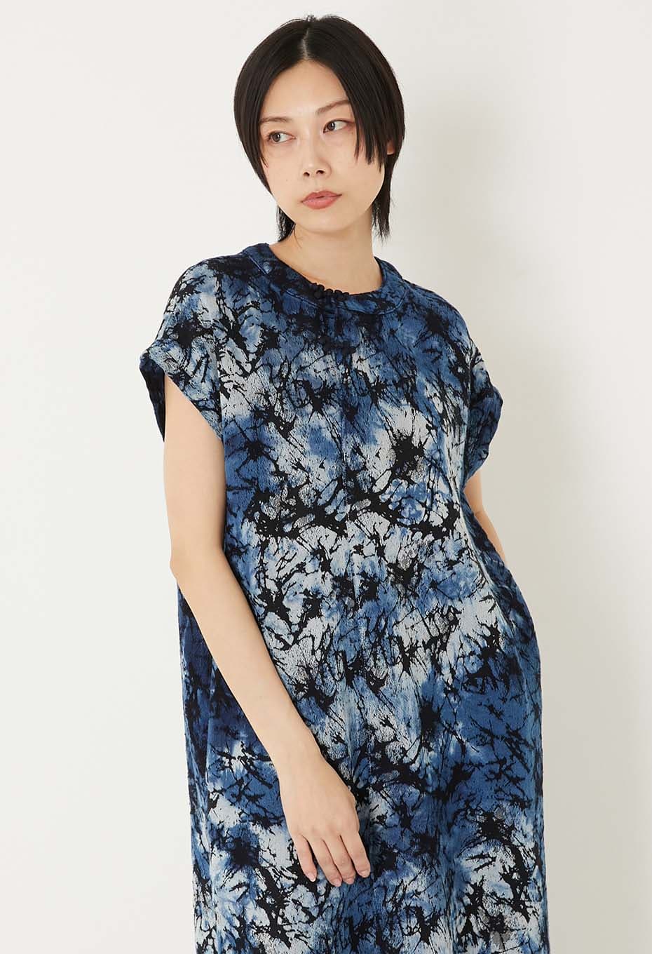 Soft cotton glass jacquard indigo tezome pull dress - INDIGO