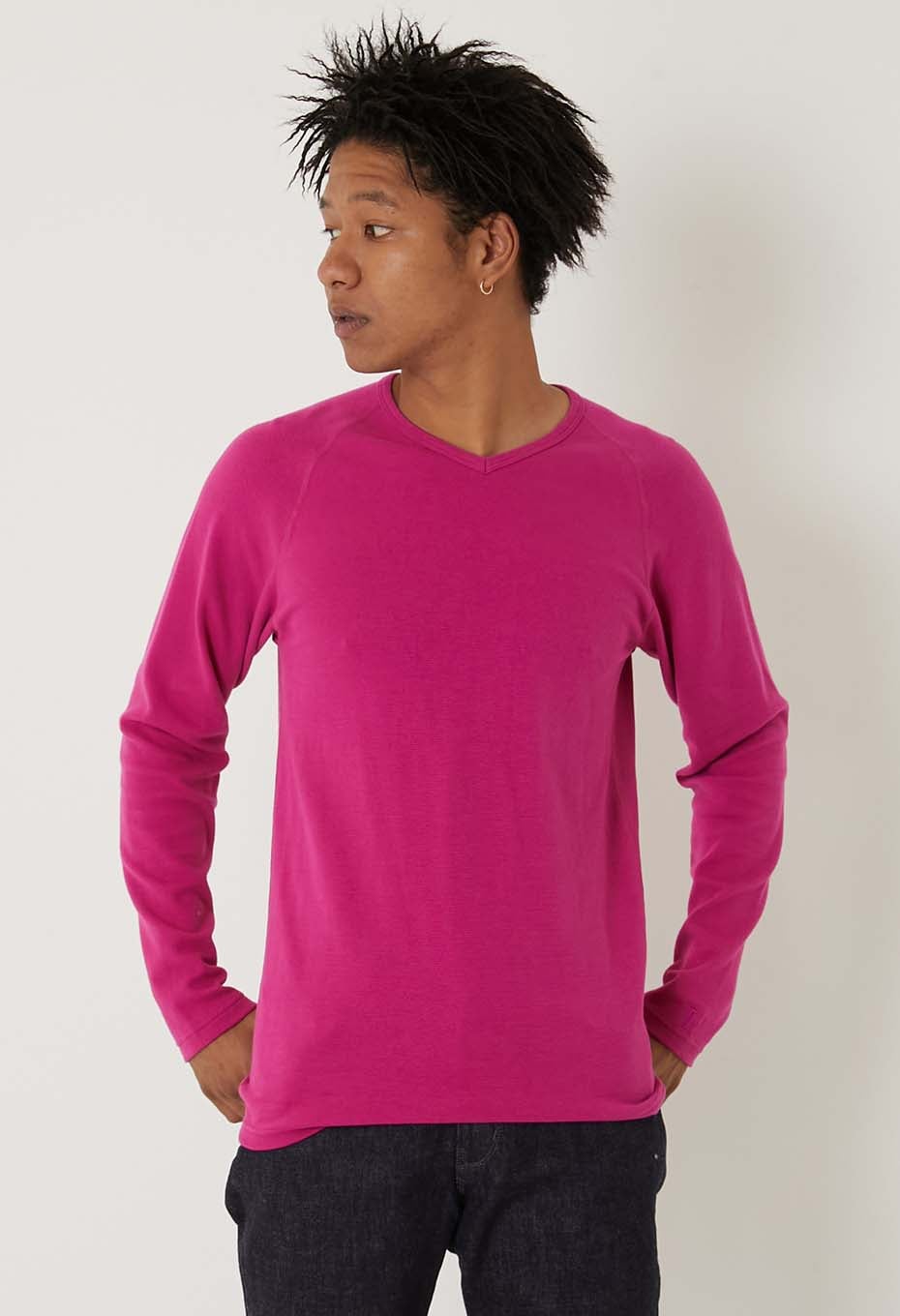 ストレッチフライス Vネックロングスリーブ Tシャツ - DARK PINK
