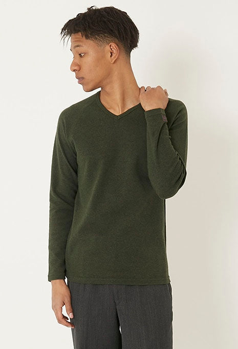 ストレッチフライス Vネックロングスリーブ Tシャツ - DARK GREEN