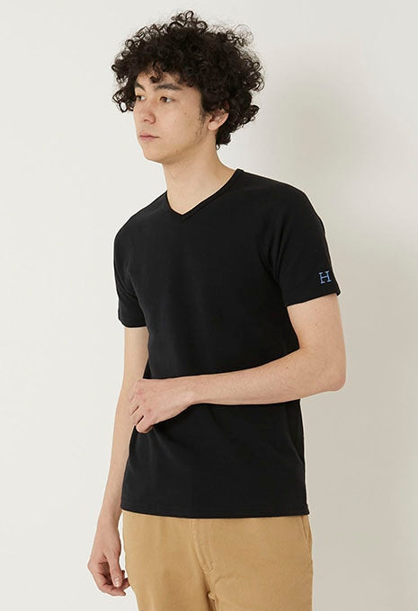 ストレッチフライス Vネックショートスリーブ Tシャツ - BLACK