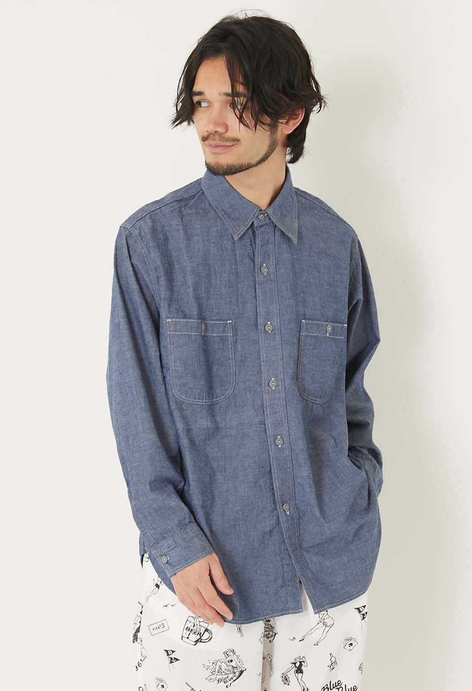 US NAVY シャンブレーロングスリーブシャツ - BLUE