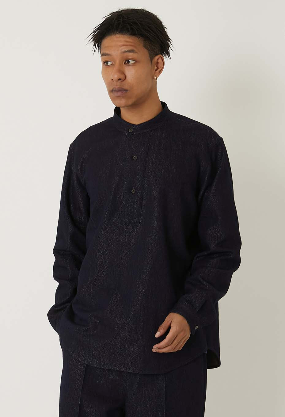 Gold yarn indigo pullover long sleeve shirt - INDIGO