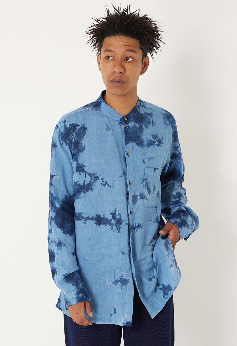 リネン インディゴムラクモシボリ スタンドカラー ロングスリーブシャツ - INDIGO