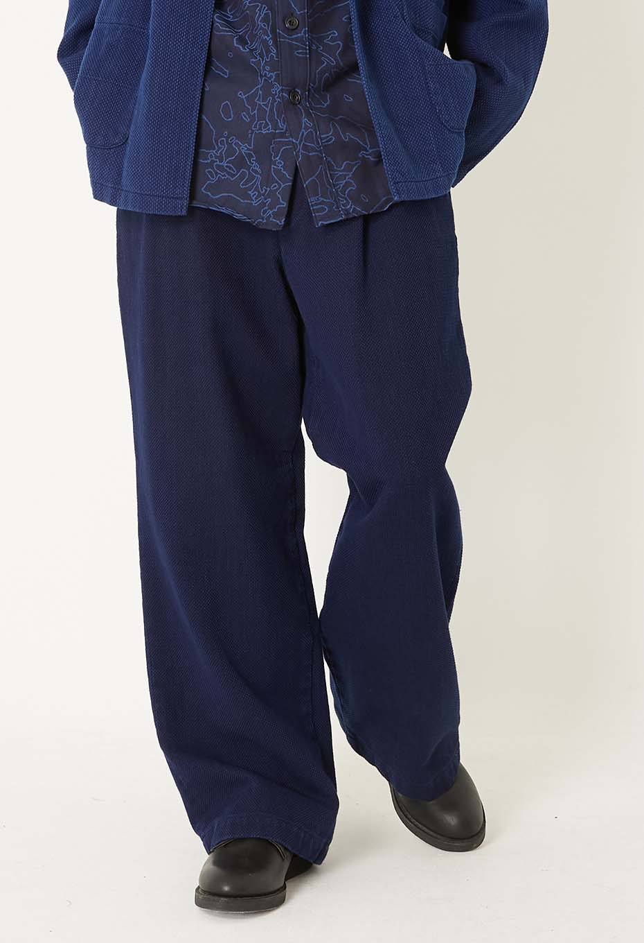 J7281Woven Pure Indigo Nijuori Sashiko Tuck Wide Pants - INDIGO