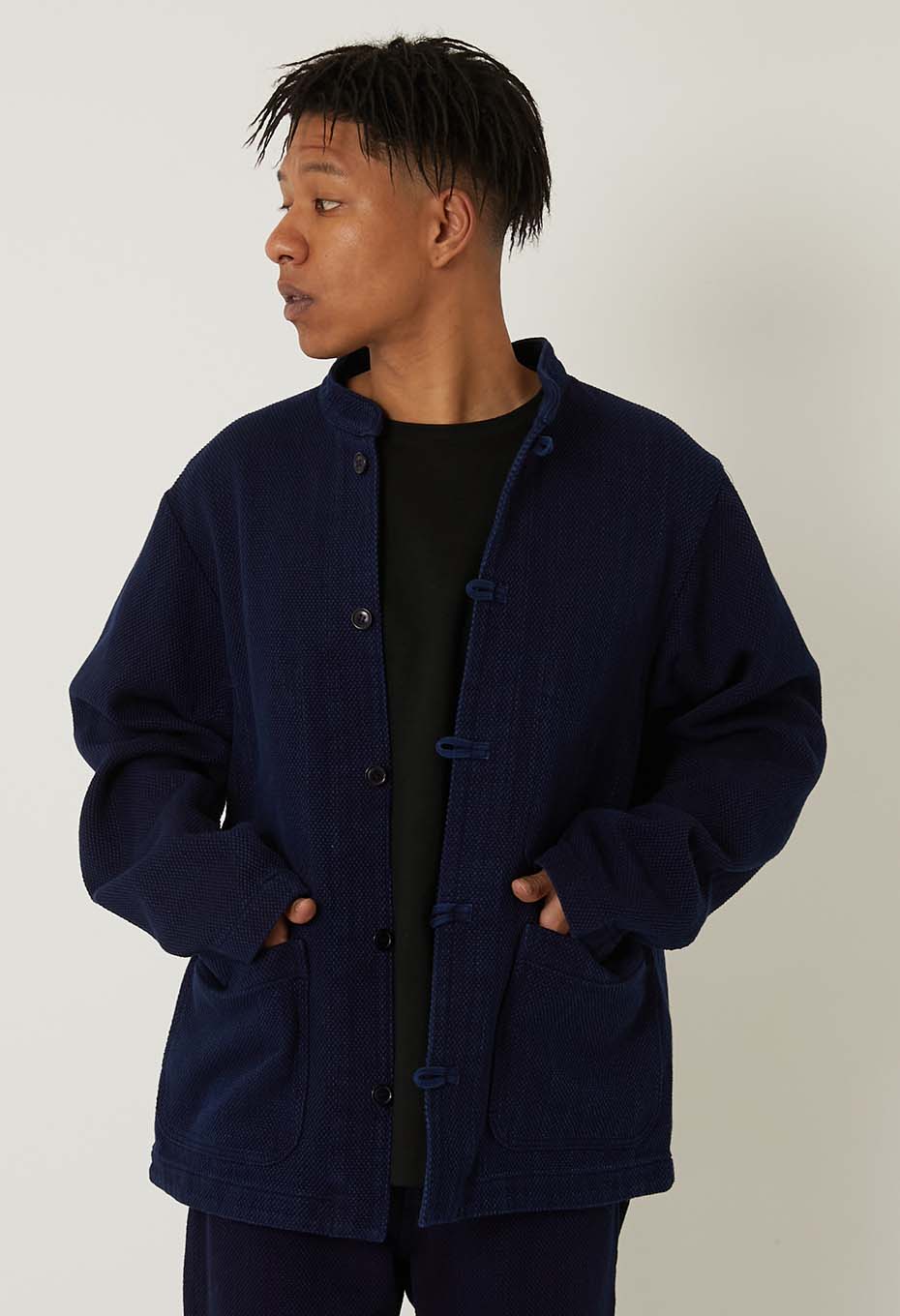 Woven Pure Indigo Light Sashiko Oriental Jacket - INDIGO