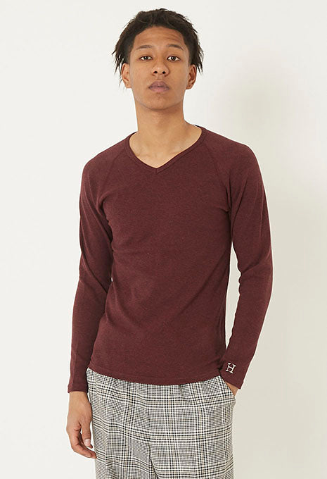 ストレッチフライス Vネックロングスリーブ Tシャツ - RED