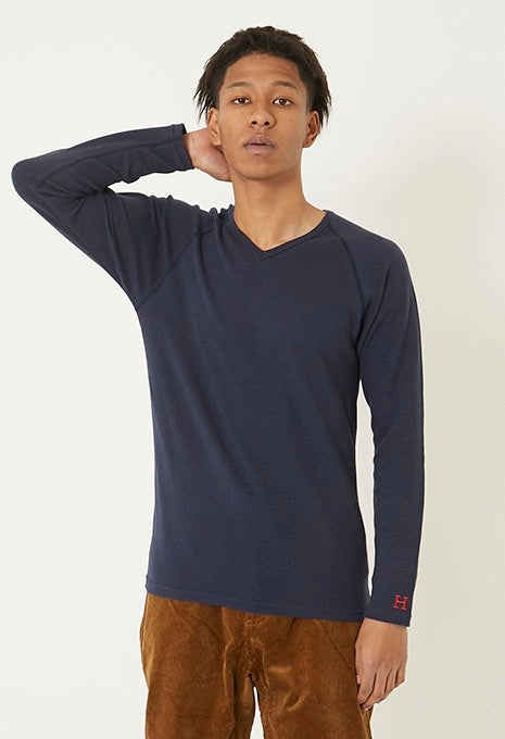 ストレッチフライス Vネックロングスリーブ Tシャツ - NAVY