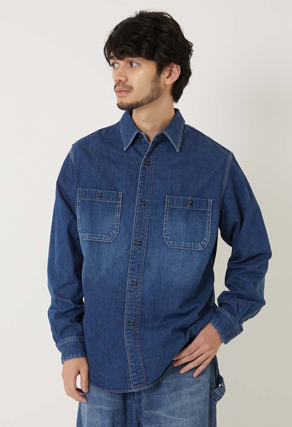 Jacquard shirt denim 2 pocket work shirt /VINTAGE WASH - BLUE