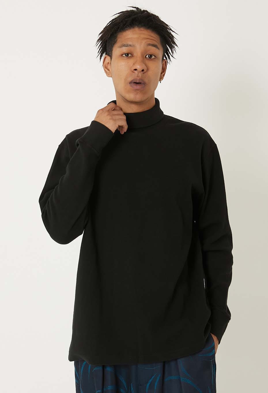 ムライトテレコ ニードルステッチ タートルネック Tシャツ ユニセックス - BLACK