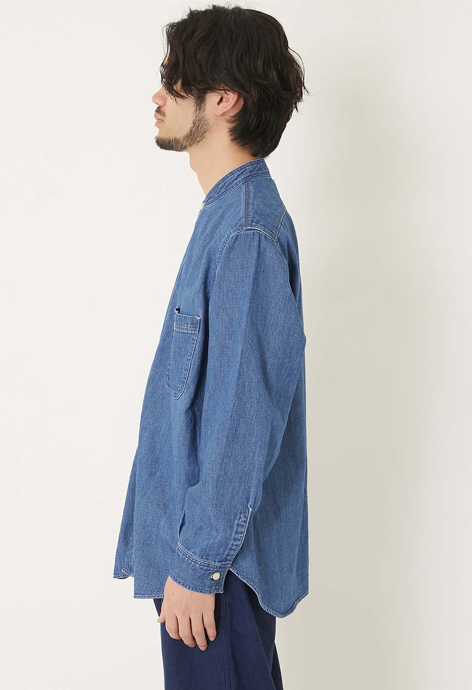 Denim stand collar work shirt - BLUE