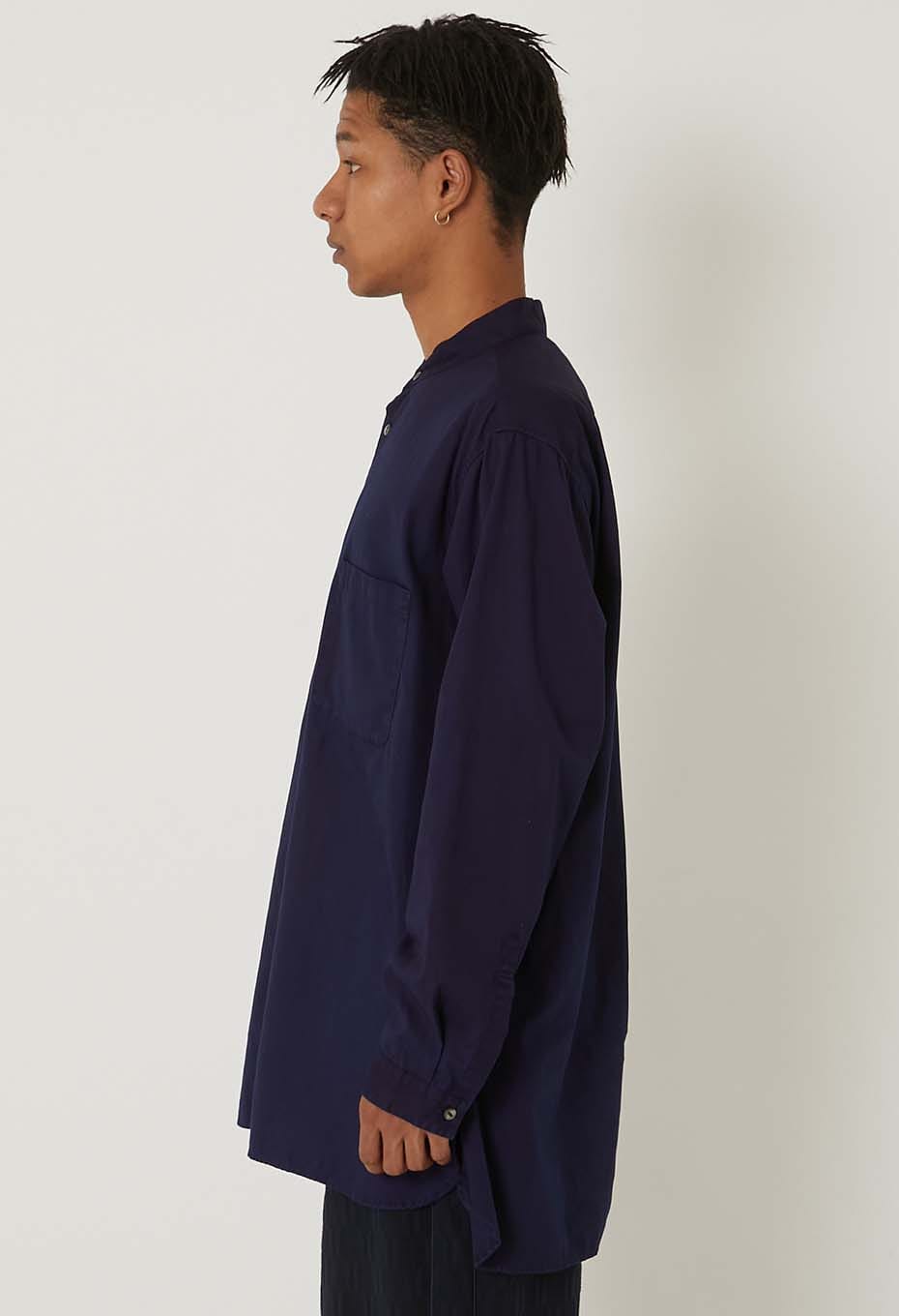 コットンピンオックス テゾメ バンドカラー ロングシャツ - INDIGO