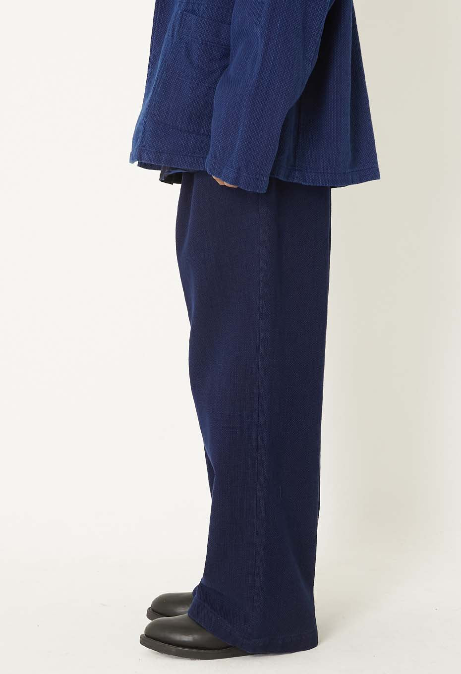 J7281Woven Pure Indigo Nijuori Sashiko Tuck Wide Pants - INDIGO