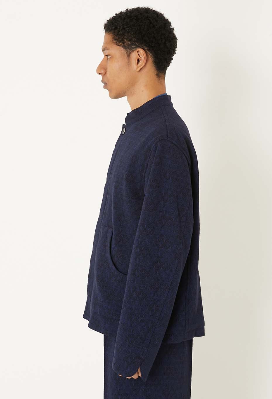 ウールニットジャカード スタンドカラージャケット - NAVY