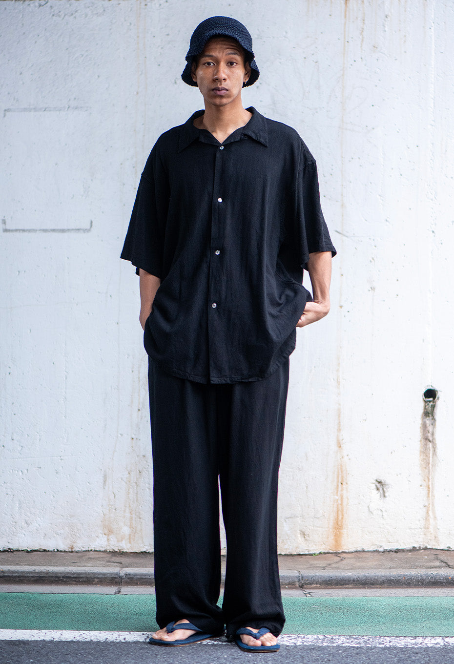 Linen mix tezome black draw straight pants - BLACK