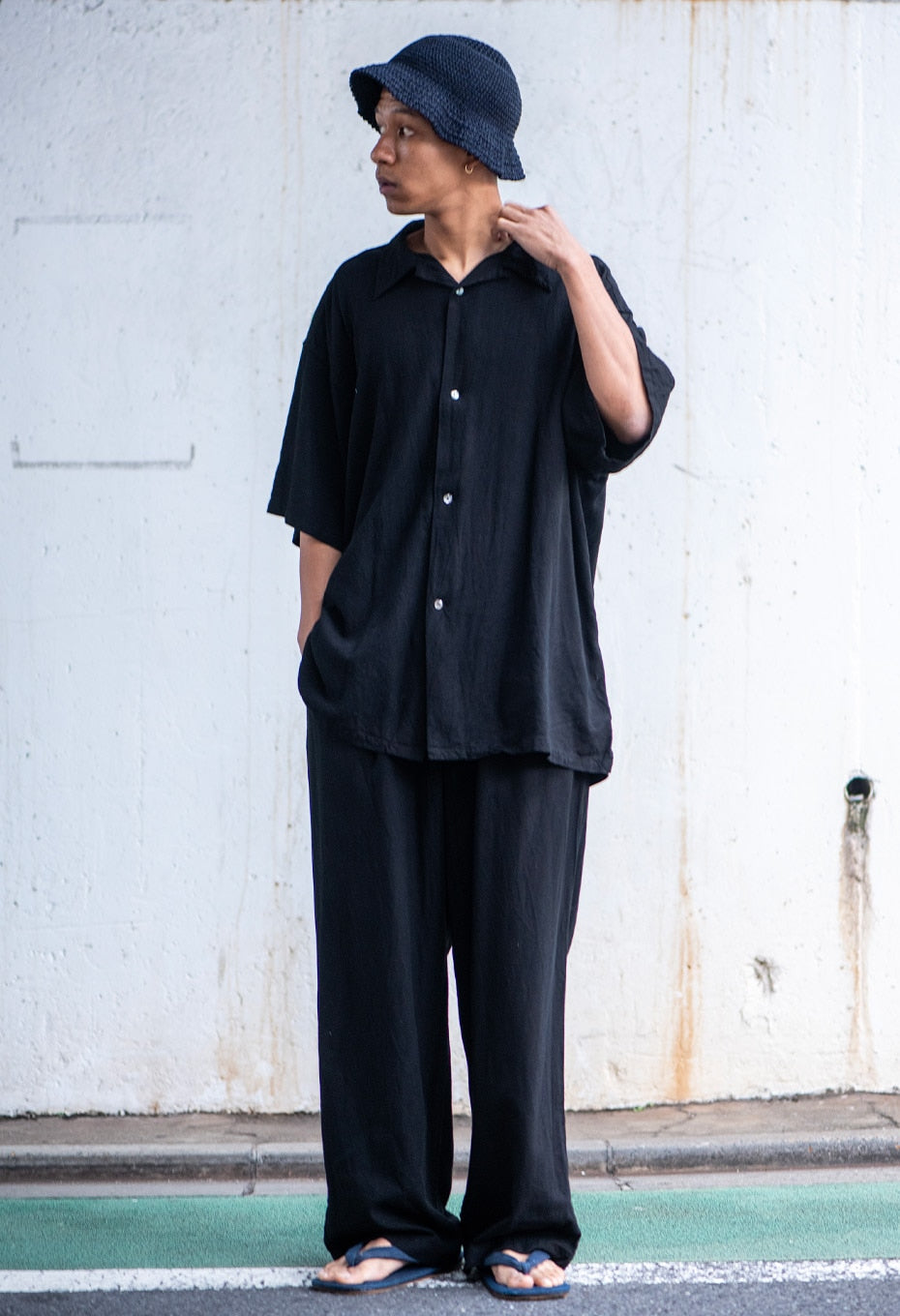 Linen mix tezome black short sleeve shirt - BLACK