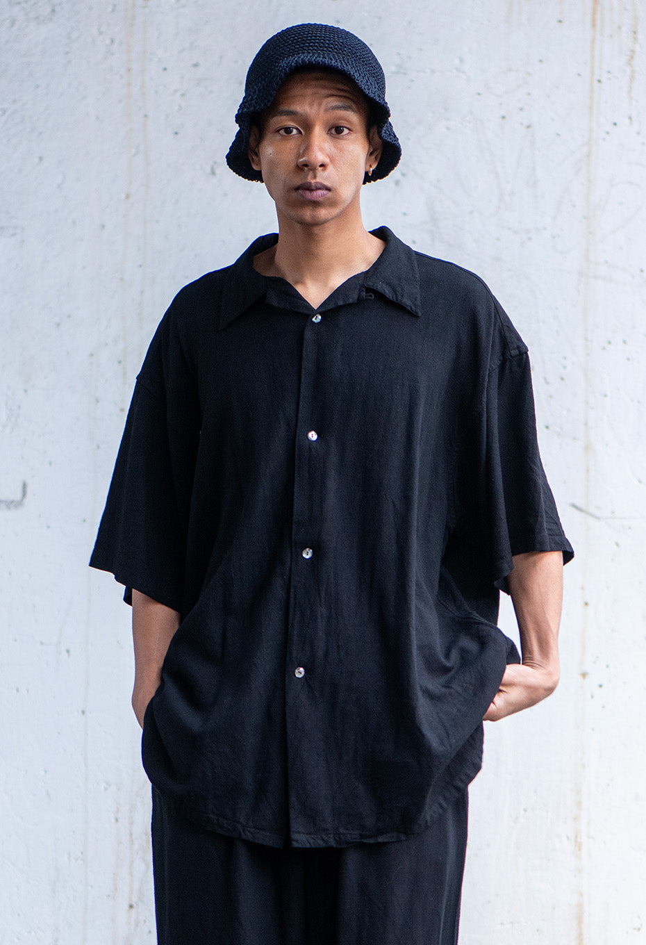 Linen mix tezome black short sleeve shirt - BLACK