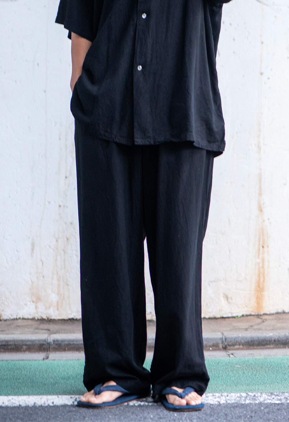 Linen mix tezome black draw straight pants - BLACK