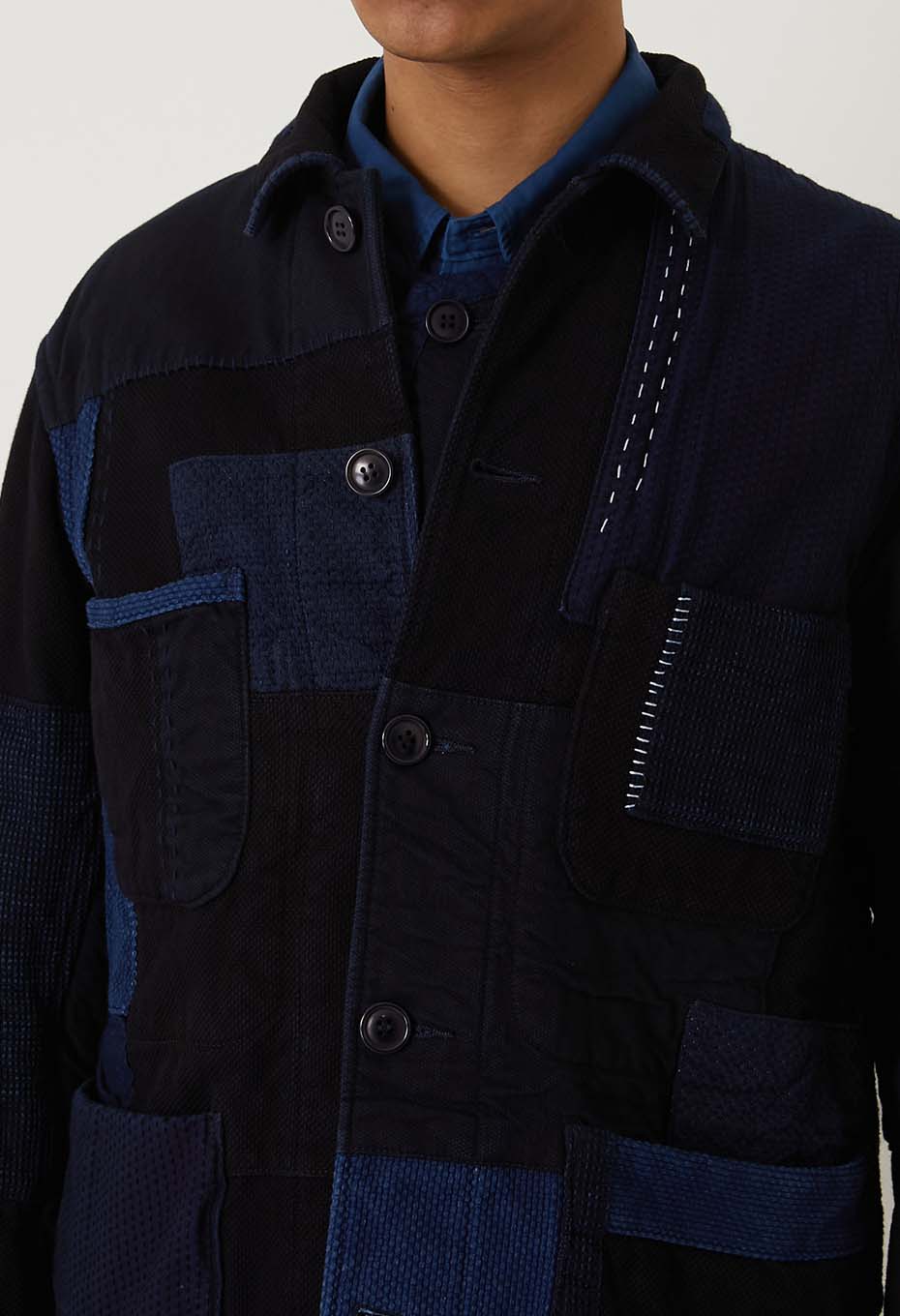 Woven Pure Indigo Sashiko Nerin Coverall - INDIGO