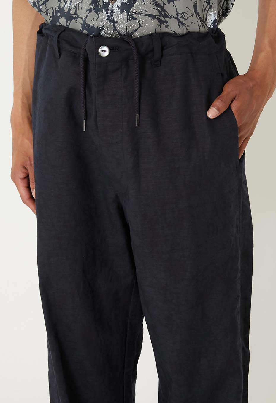 Linen mix glass pattern draw pants - DARK NAVY