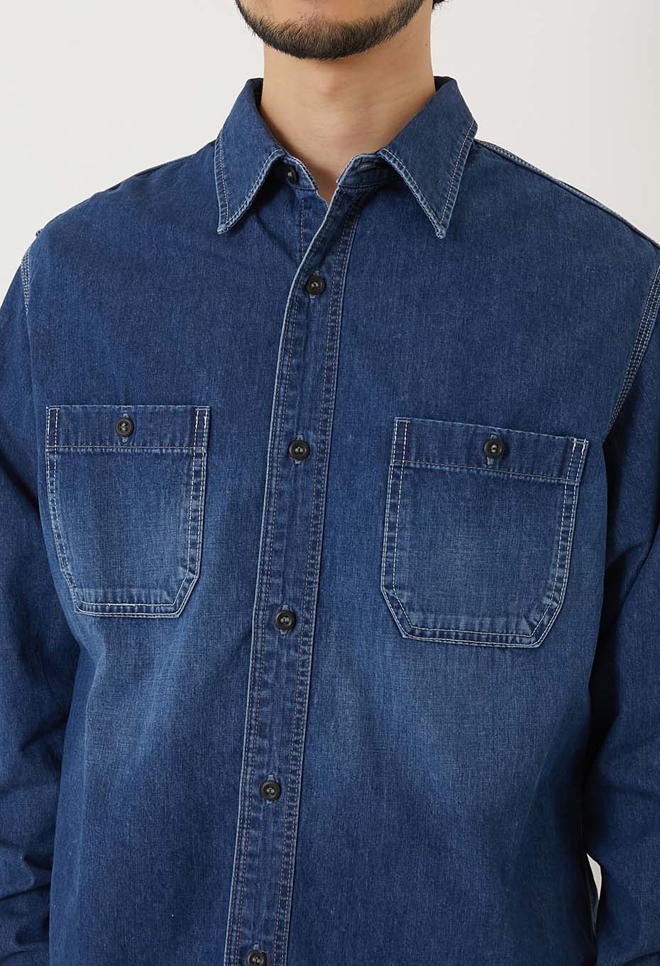 Jacquard shirt denim 2 pocket work shirt /VINTAGE WASH - BLUE