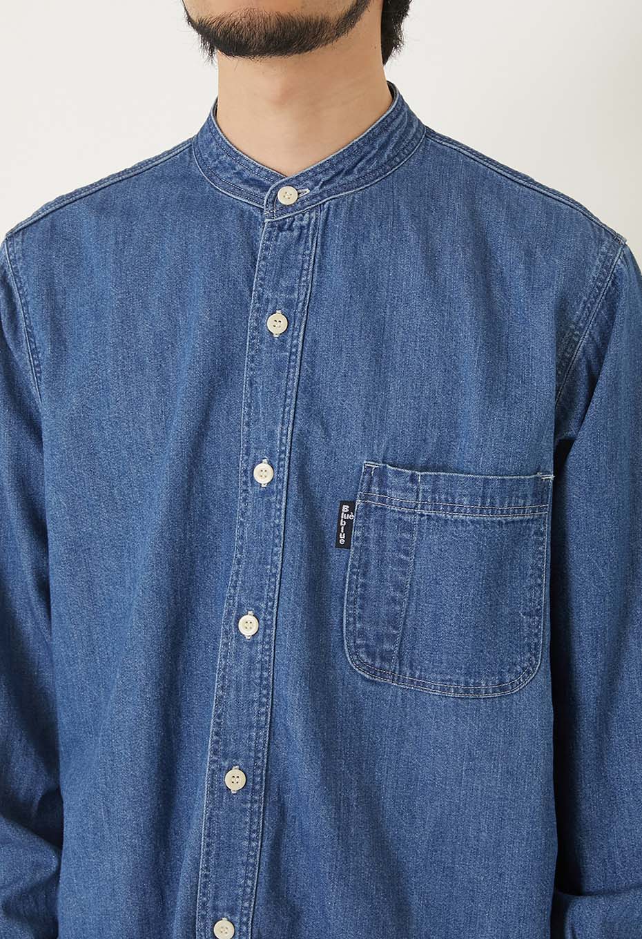 Denim stand collar work shirt - BLUE