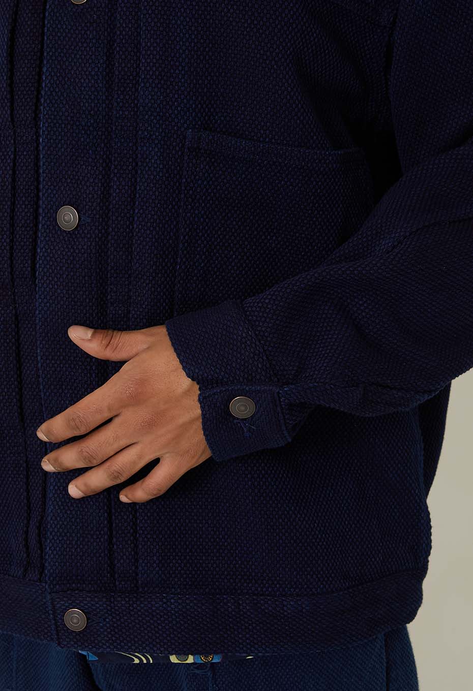 Woven Pure Indigo Light Sashiko Trucker Jacket - INDIGO