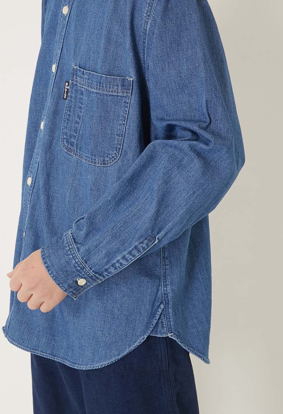 Denim stand collar work shirt - BLUE