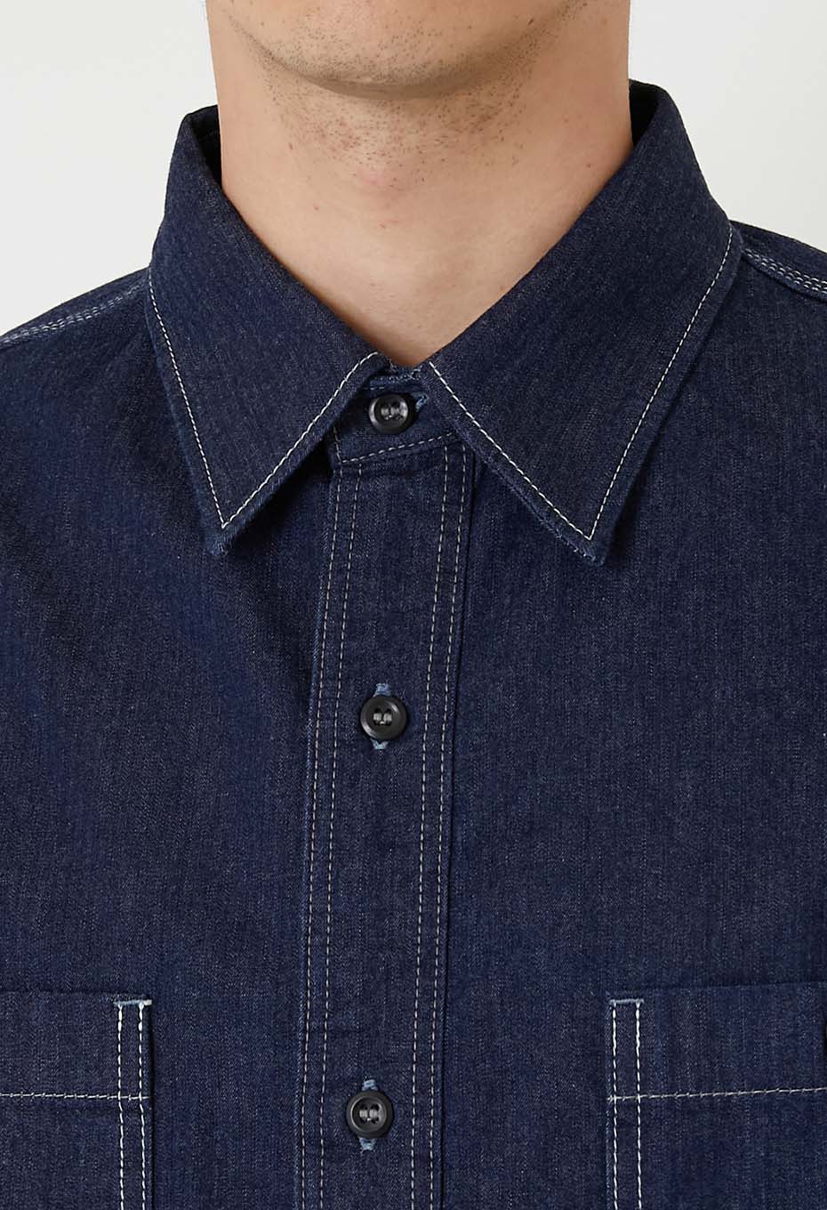 ジャカード シャツデニム 2ポケットワークシャツ - INDIGO