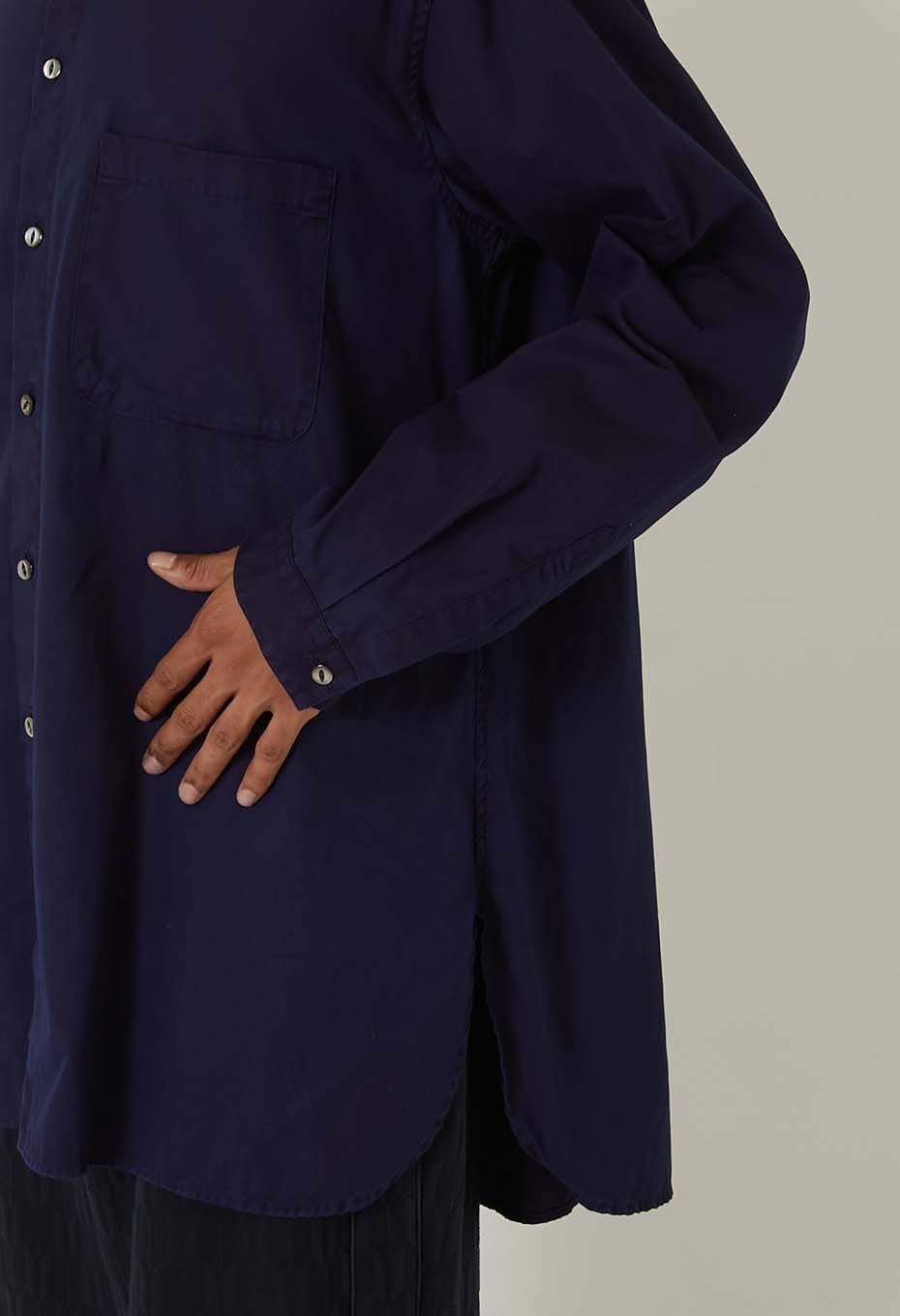 コットンピンオックス テゾメ バンドカラー ロングシャツ - INDIGO