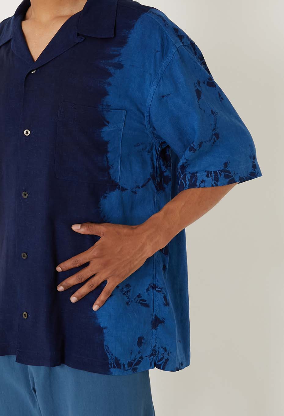 Aigasaneshibori linen short sleeve shirt - INDIGO