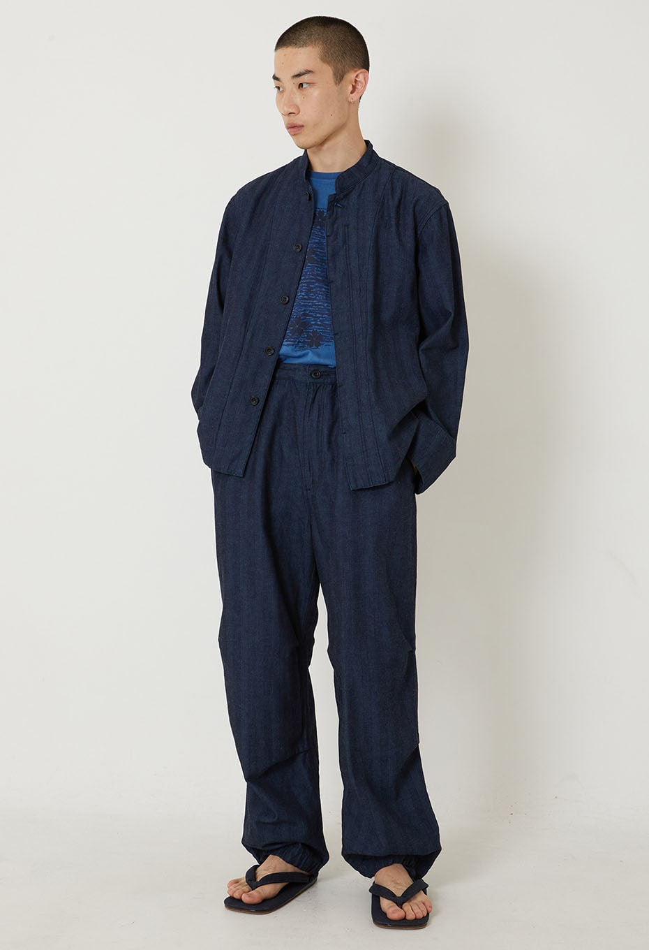 Indigo mix herringbone stand collar jacket - INDIGO