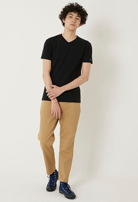 ストレッチフライス Vネックショートスリーブ Tシャツ - BLACK