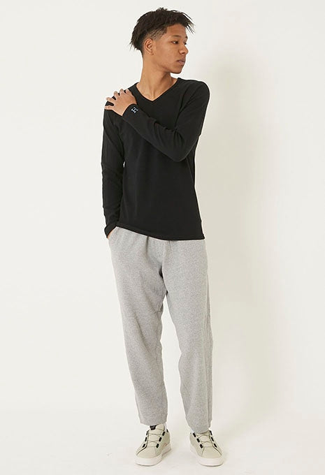 ストレッチフライス Vネックロングスリーブ Tシャツ - BLACK