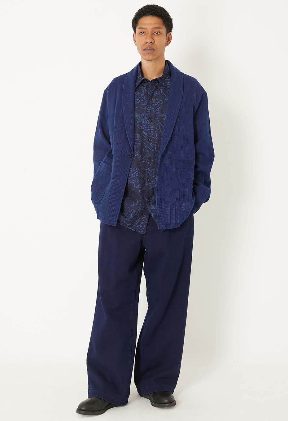 J7281Woven Pure Indigo Nijuori Sashiko Tuck Wide Pants - INDIGO