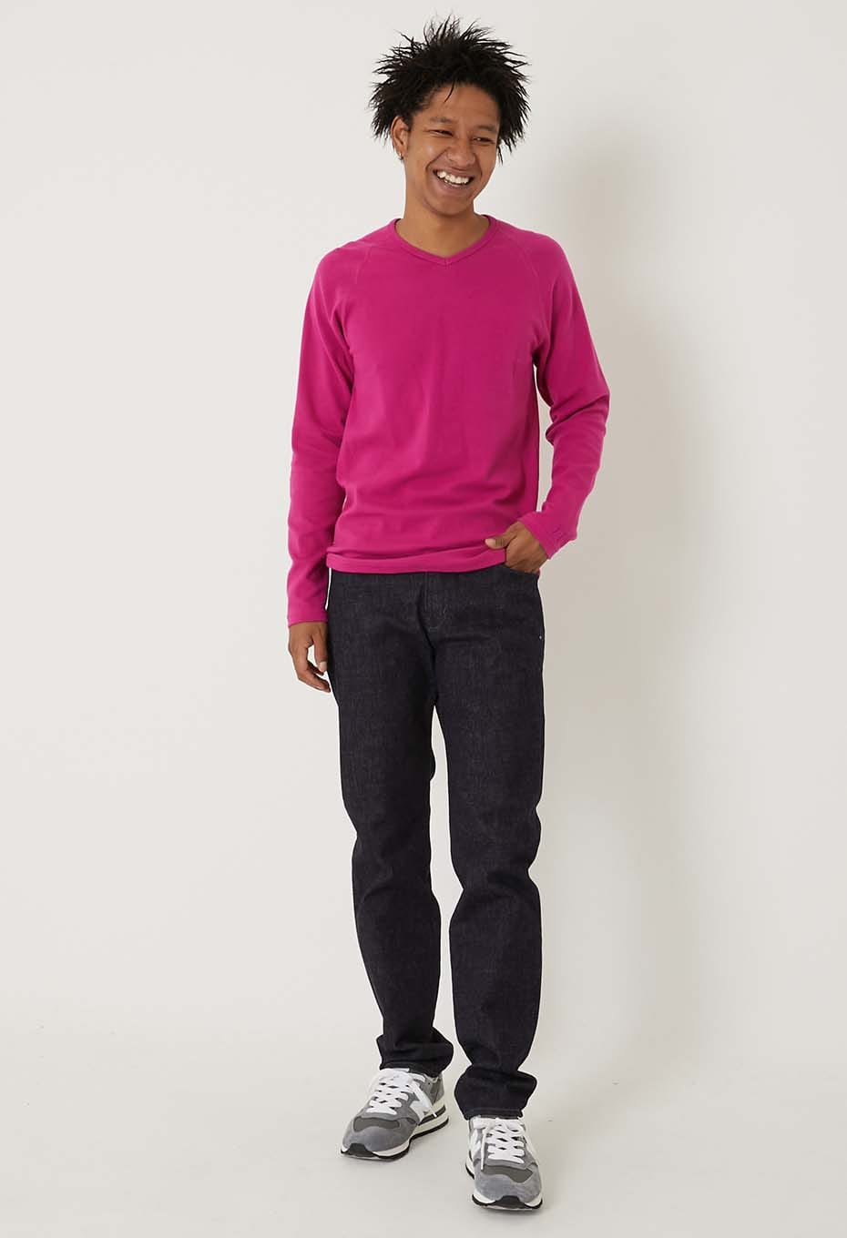 ストレッチフライス Vネックロングスリーブ Tシャツ - DARK PINK