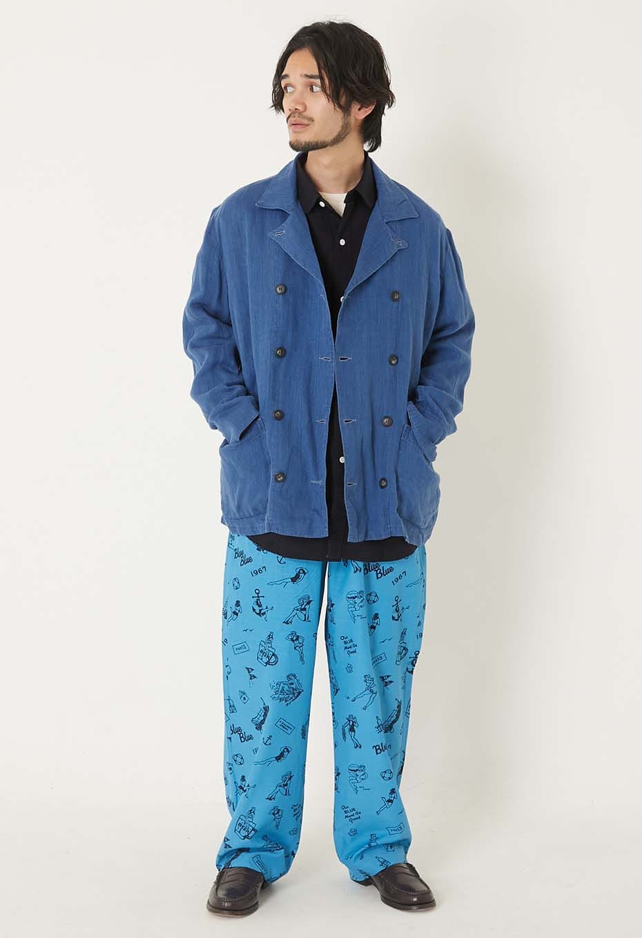 インディゴリネン ハイカウントツイル ダブルブレストワークジャケット - INDIGO