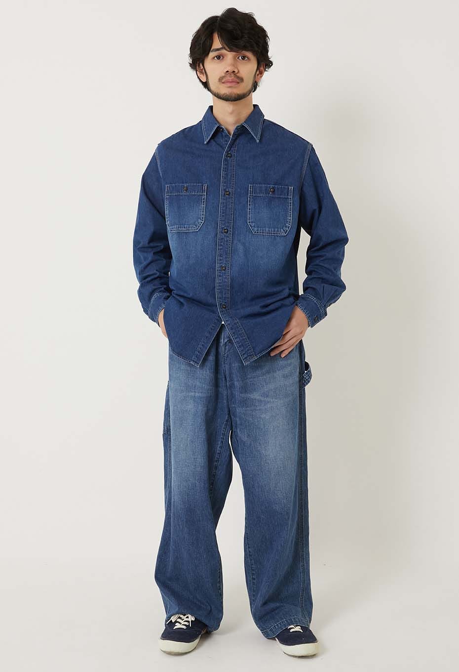 Jacquard shirt denim 2 pocket work shirt /VINTAGE WASH - BLUE
